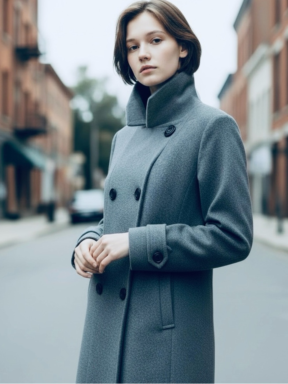 VTG ANNE KLEIN WOOL BLEND GRAY CLASSIC DOUBLE BREASTED FITTED LONG PEACOAT SZ XL